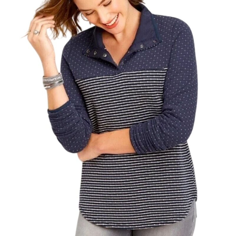 Striped Pullover Top Polka Dot Quarter Snap Button Up Long Sleeve Small